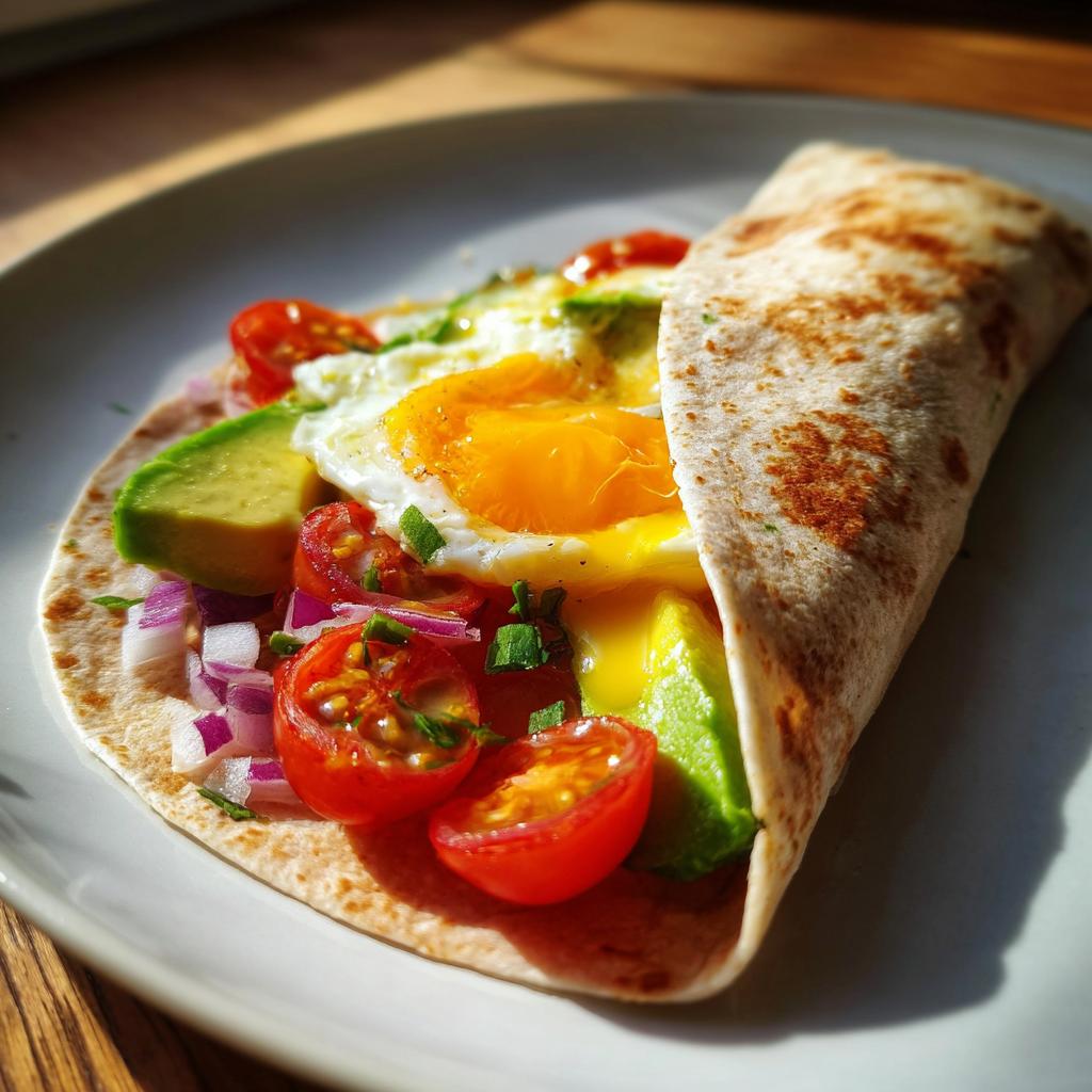 Egg and avocado wrap suhoor idea with fried egg, avocado slices, cherry tomatoes, and red onions on a plate
