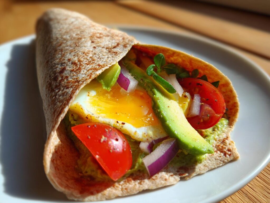 Egg and avocado wrap suhoor idea with fried egg, avocado slices, tomato, and onion in a whole wheat wrap.