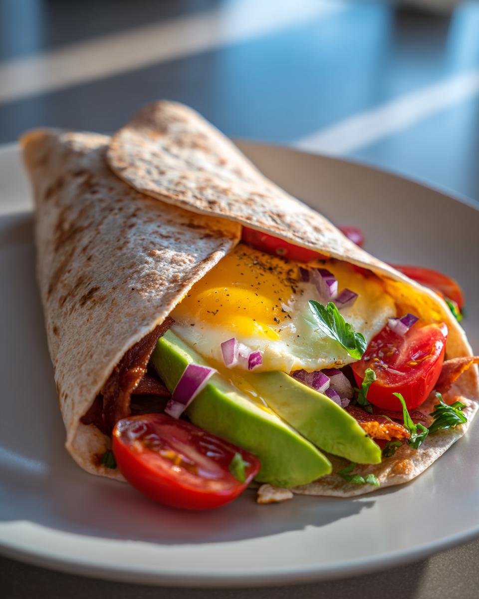 Egg and avocado wrap suhoor idea with fried egg, avocado slices, tomatoes, and herbs in tortilla