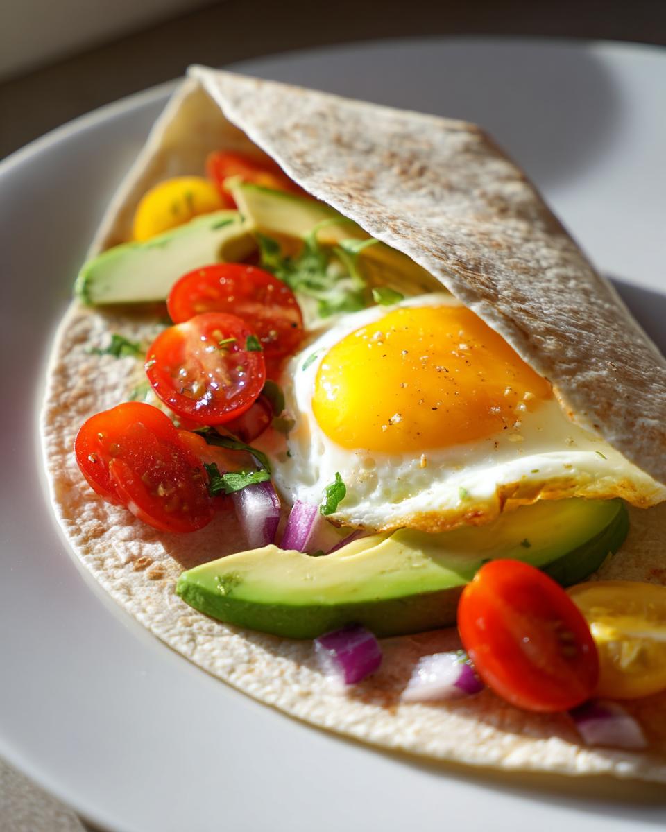 Egg and avocado wrap suhoor idea with fried egg, avocado slices, cherry tomatoes, and onions on a tortilla.