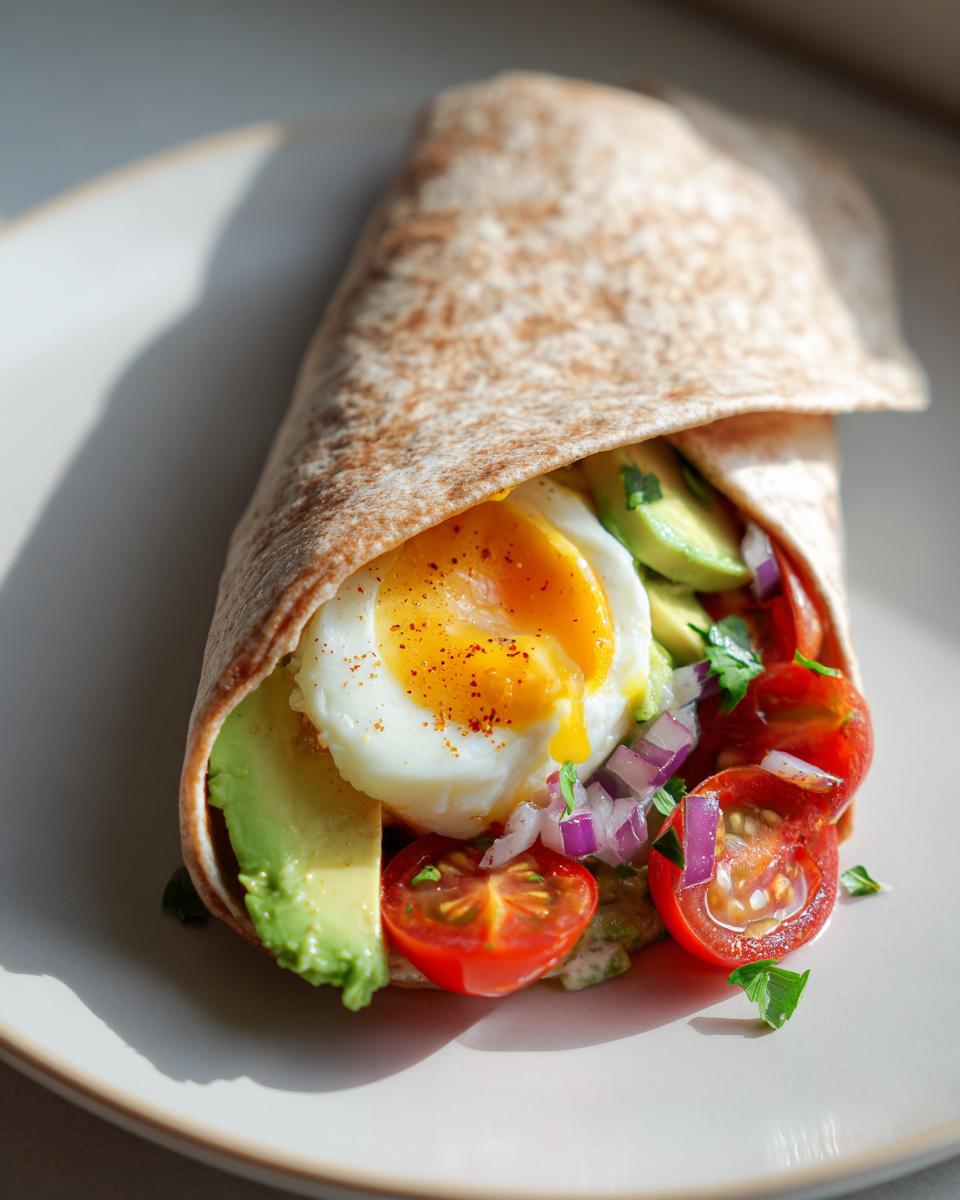 Egg and avocado wrap suhoor idea with runny egg, avocado slices, cherry tomatoes, and red onion in a whole wheat wrap.