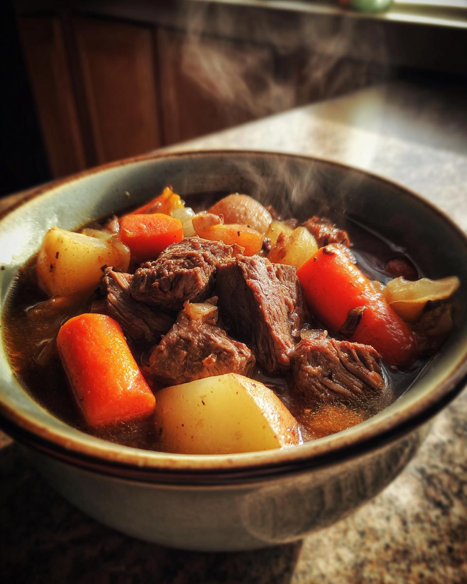 Bowl of steaming slow cooker beef stew with carrots, potatoes, and chunks of beef.