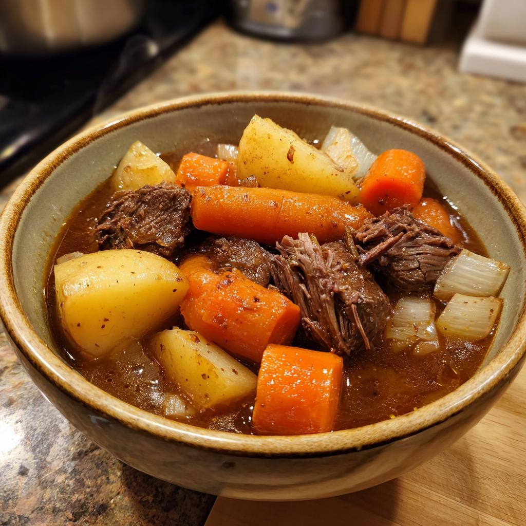 Bowl of slow cooker beef stew with carrots, potatoes, and onions in rich broth