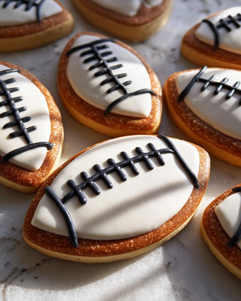Close-up of football sugar cookies decorated with white icing and black laces for Super Bowl party.