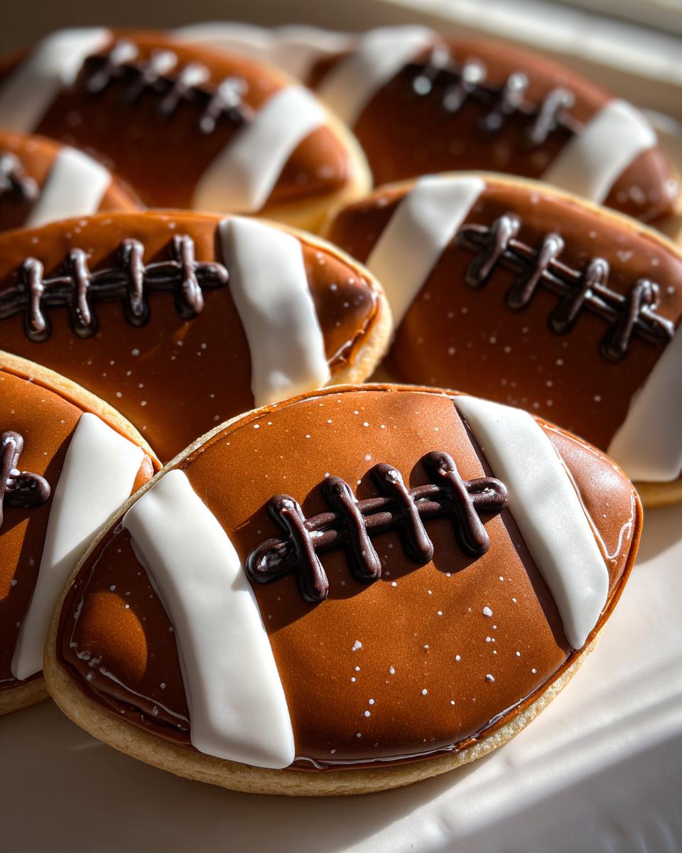 Close-up of football sugar cookies decorated with brown, white, and black icing for Super Bowl party.