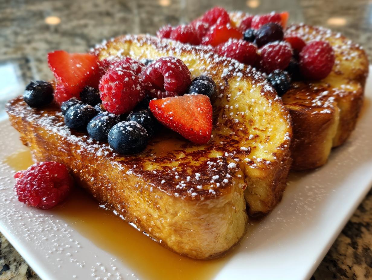 Two slices of french toast for valentines breakfast topped with strawberries, raspberries, blueberries, and powdered sugar