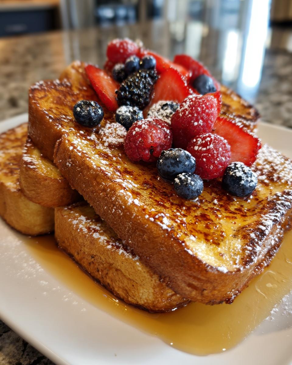 Stack of golden french toast topped with fresh berries and powdered sugar for valentines breakfast