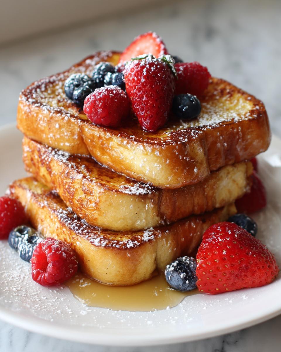 Three thick slices of french toast for valentines breakfast topped with strawberries, raspberries, blueberries, and powdered sugar