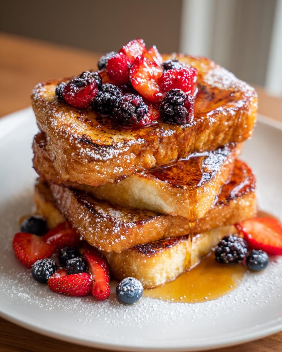 Stack of golden french toast for valentines breakfast topped with mixed berries and syrup on a white plate.