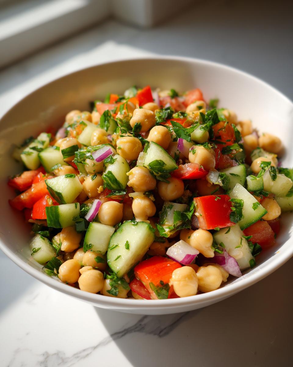 Bowl of colorful chickpea salad with cucumber, red bell pepper, onion, and herbs.