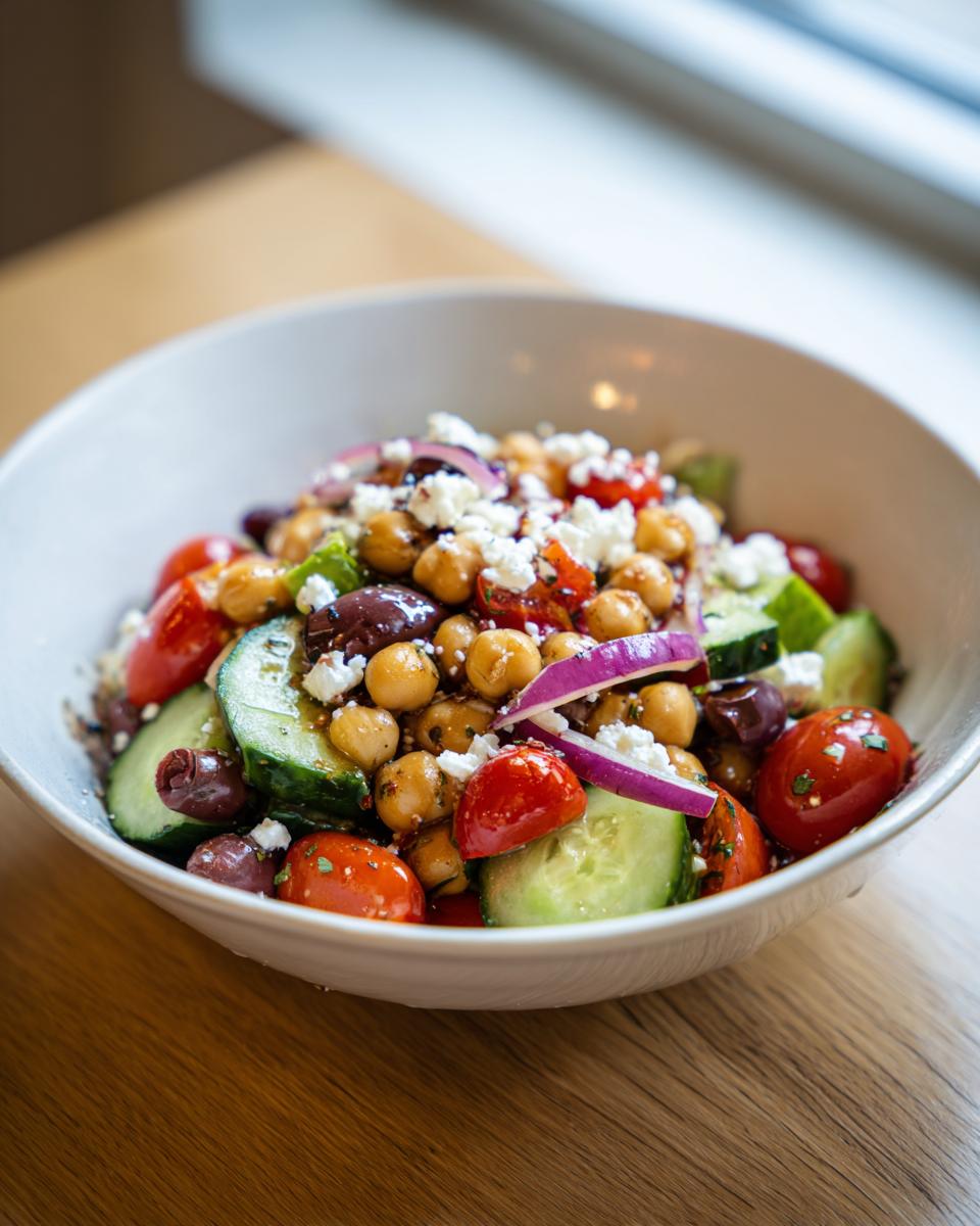 Mediterranean chickpea bowl with cucumbers, cherry tomatoes, olives, red onions, and feta cheese