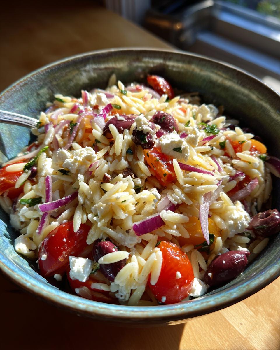 Close-up of orzo salad with feta, cherry tomatoes, red onions, and olives in a bowl.
