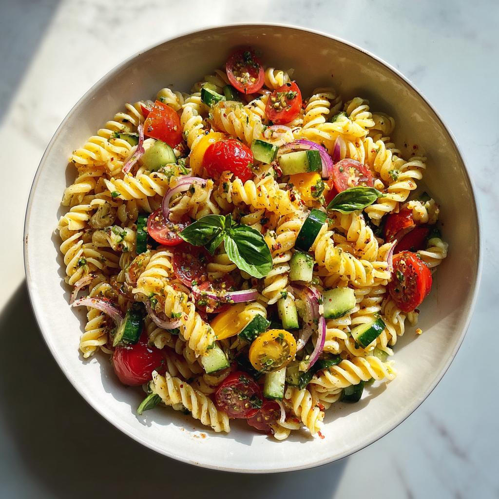 Bowl of spring pasta salad recipes with rotini pasta, cherry tomatoes, cucumbers, red onions, and basil.