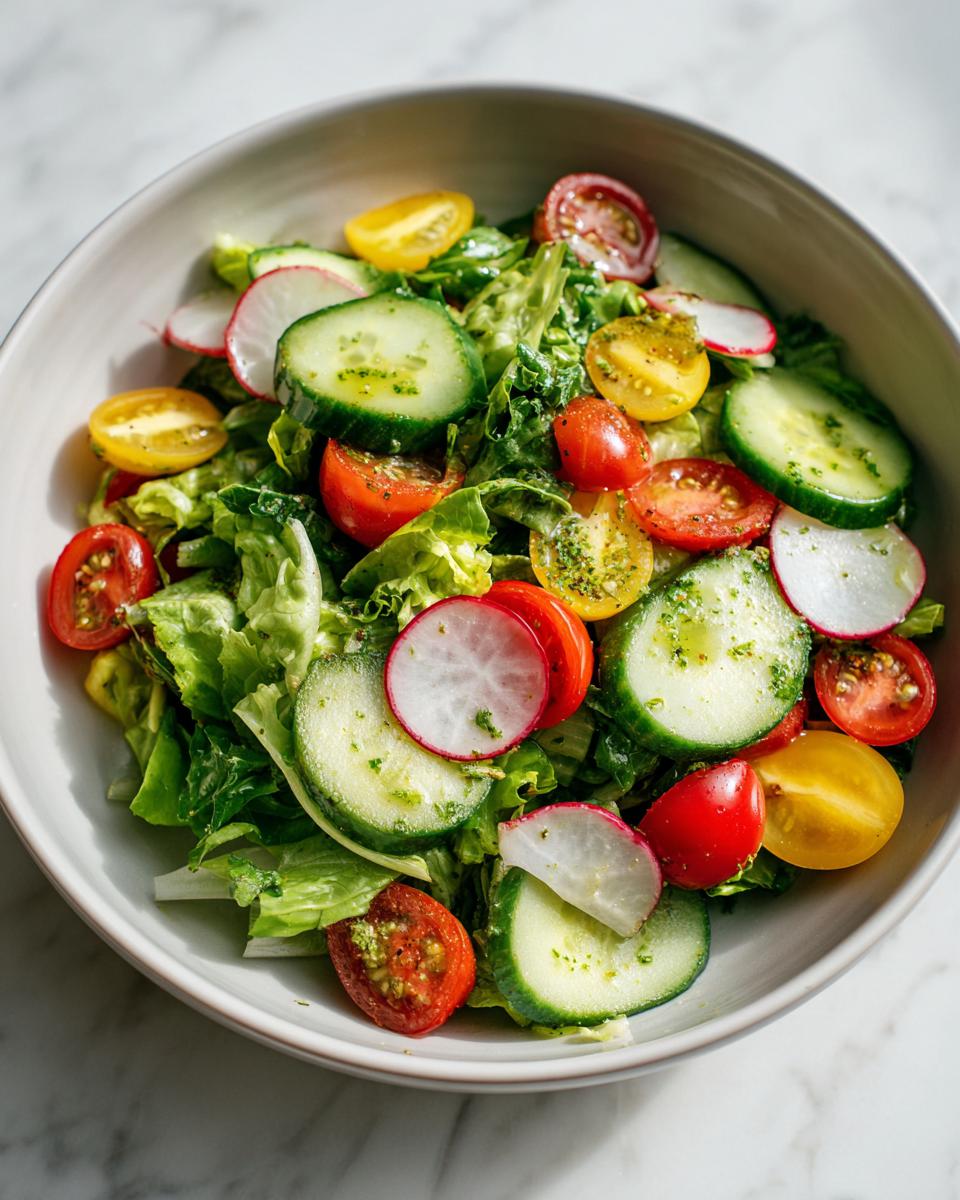 Bowl of spring salad bowl ideas with lettuce, cucumber slices, cherry tomatoes, and radishes.