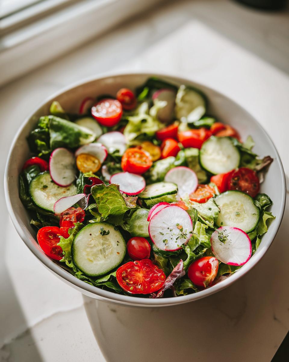 Bowl of fresh spring salad with sliced cucumbers, radishes, cherry tomatoes, and leafy greens.