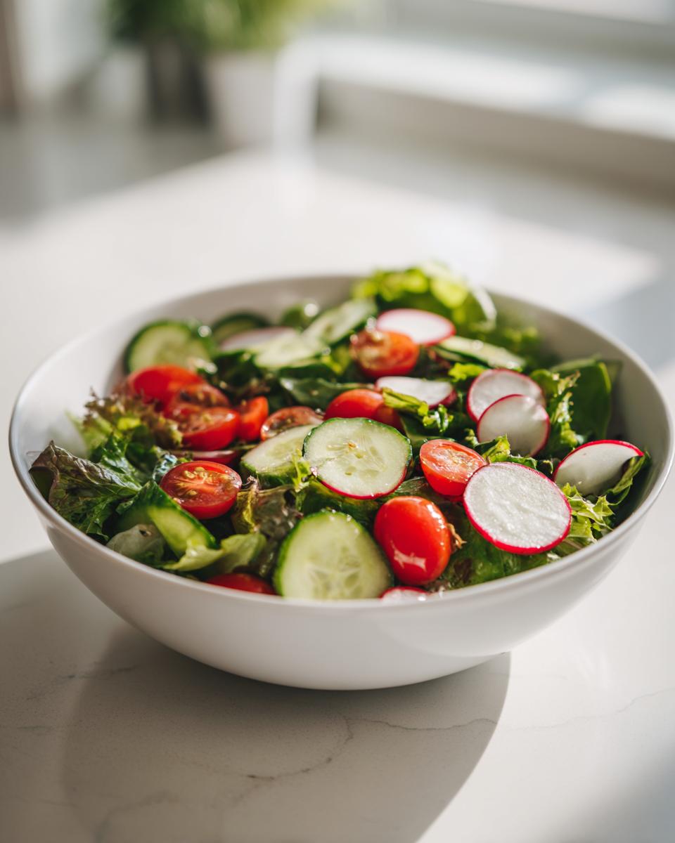 White bowl filled with fresh spring salad bowl ideas including lettuce, cucumbers, radishes, and cherry tomatoes.