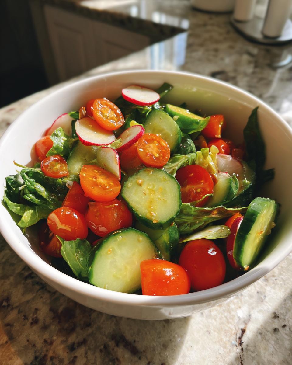 Bowl of fresh spring salad with cherry tomatoes, cucumber slices, radishes, and leafy greens.