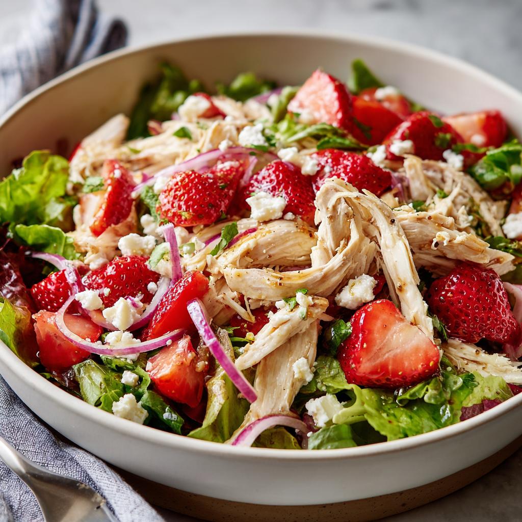Bowl of strawberry chicken salad recipe with shredded chicken, strawberries, greens, red onions, and cheese.