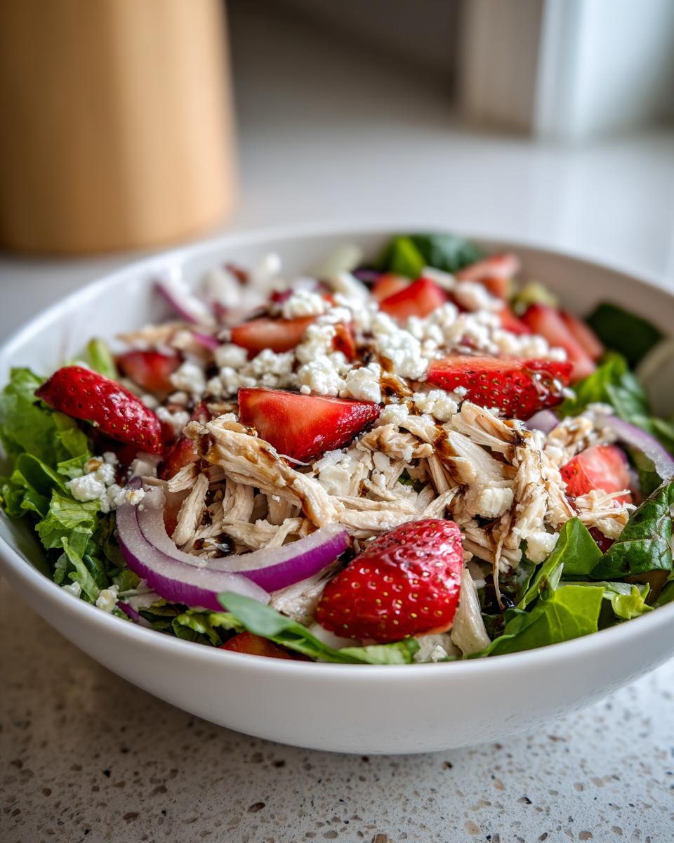 Strawberry chicken salad recipe with shredded chicken, strawberries, red onion, greens, and cheese in bowl