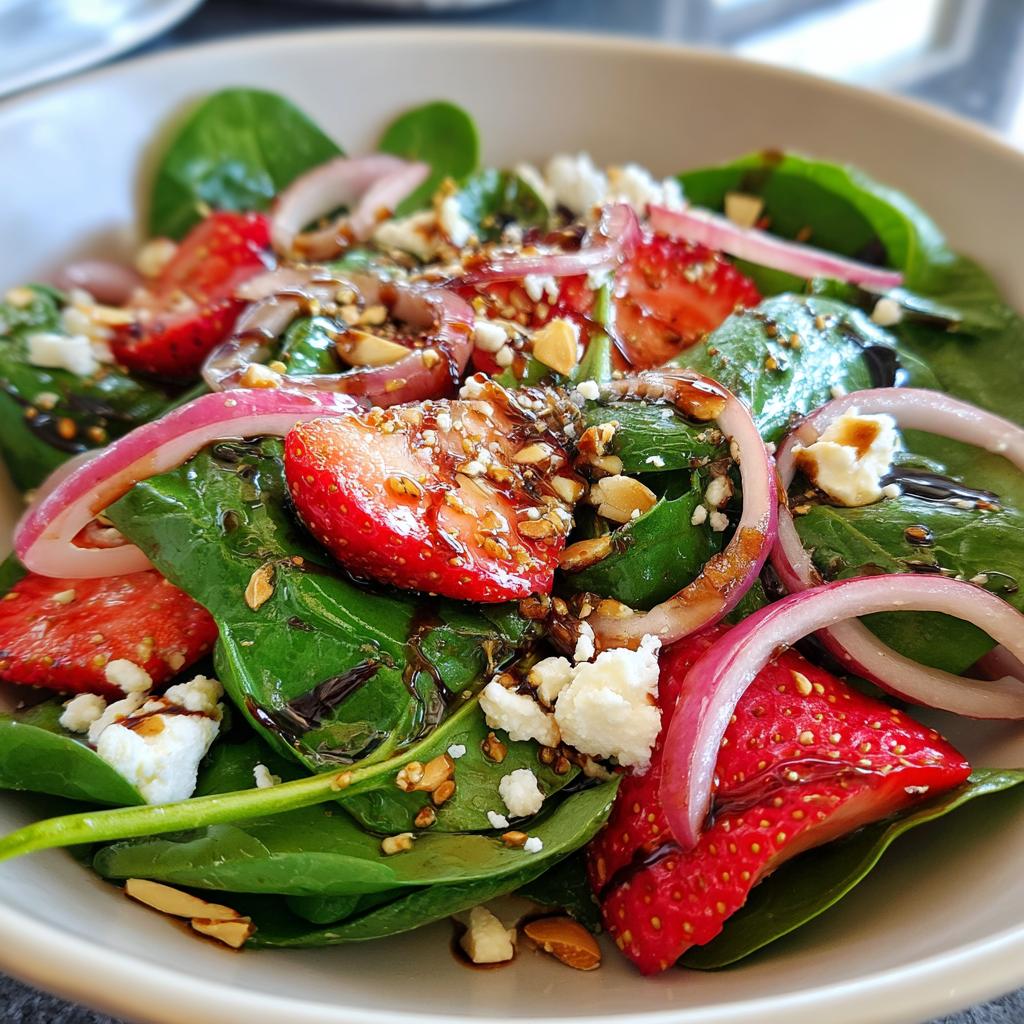Close-up of strawberry spinach salad recipe with fresh spinach, strawberries, red onions, nuts, and cheese
