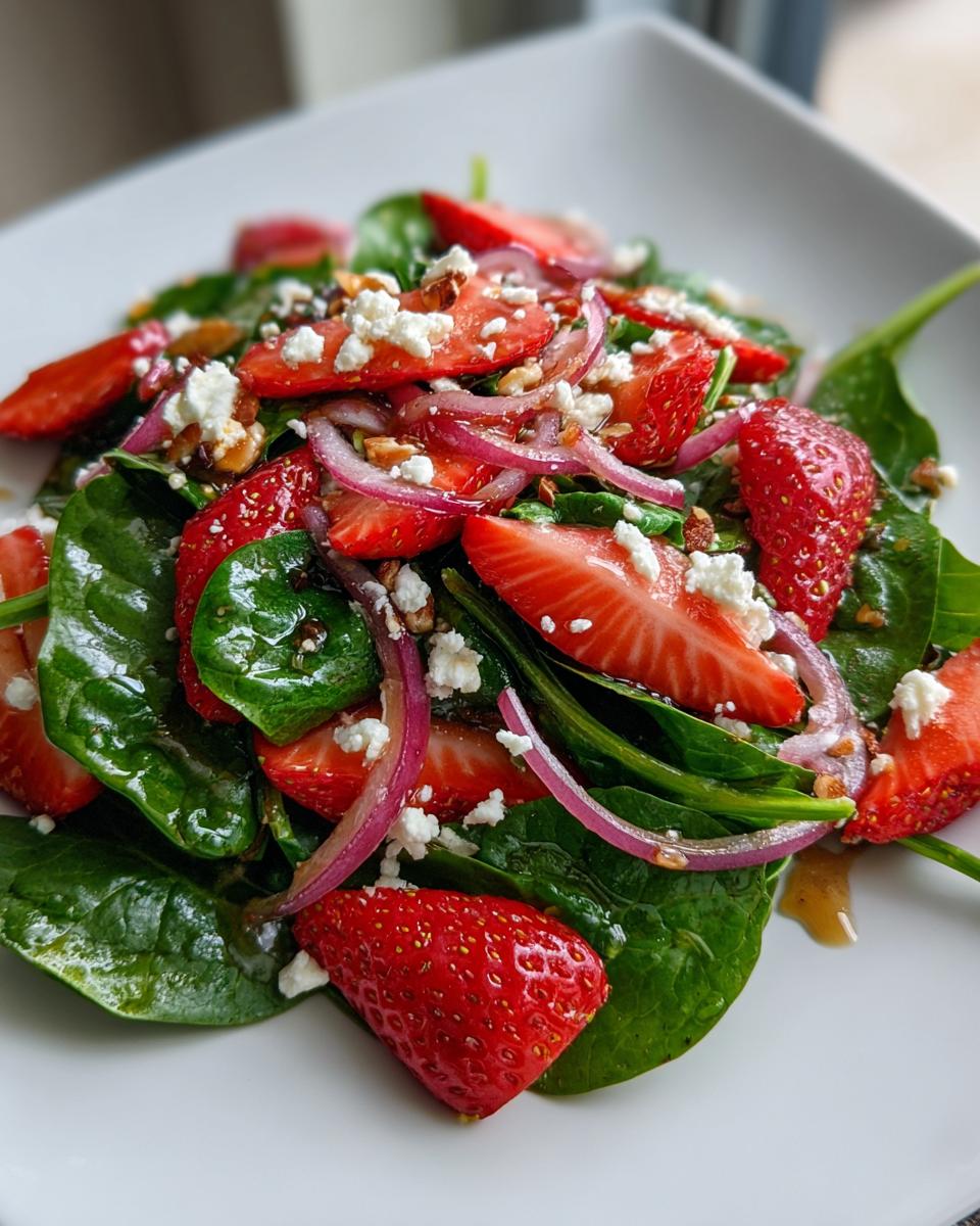 Strawberry spinach salad recipe with fresh spinach, sliced strawberries, red onions, nuts, and cheese on a white plate.