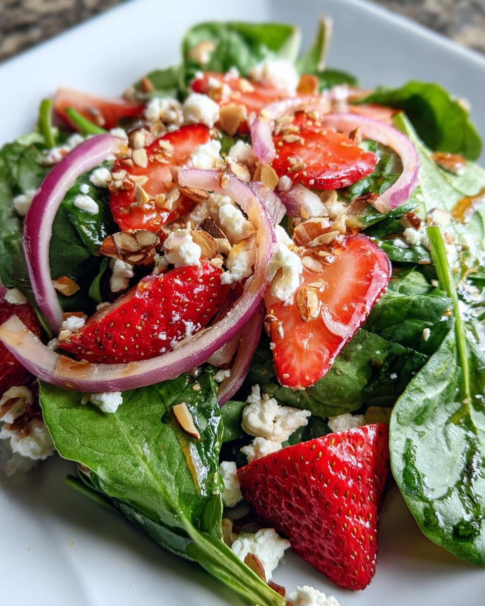 Close-up of strawberry spinach salad recipe with spinach, strawberries, red onion, nuts, and cheese