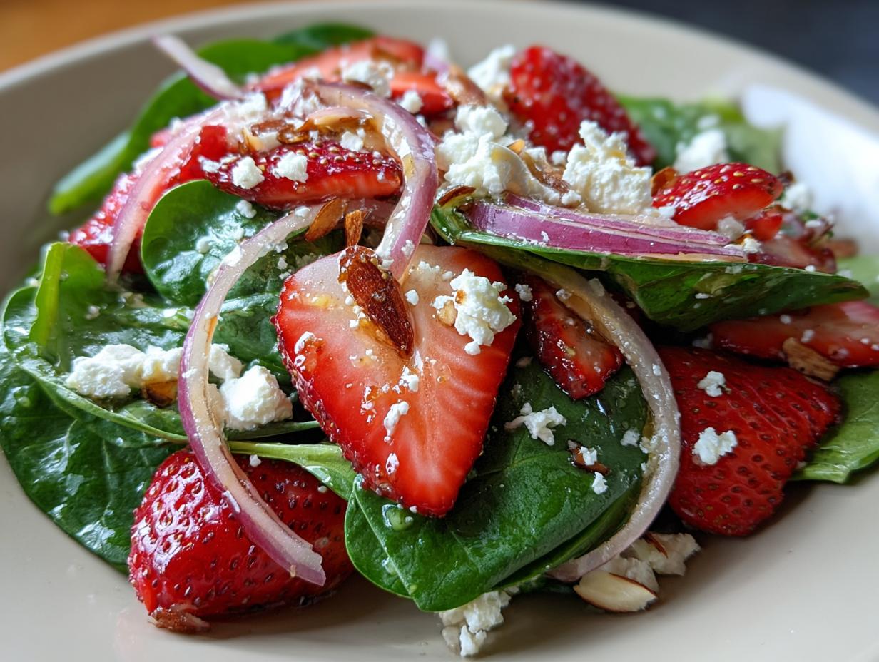 Close-up of strawberry spinach salad recipe with fresh spinach, sliced strawberries, red onions, almonds, and feta cheese.