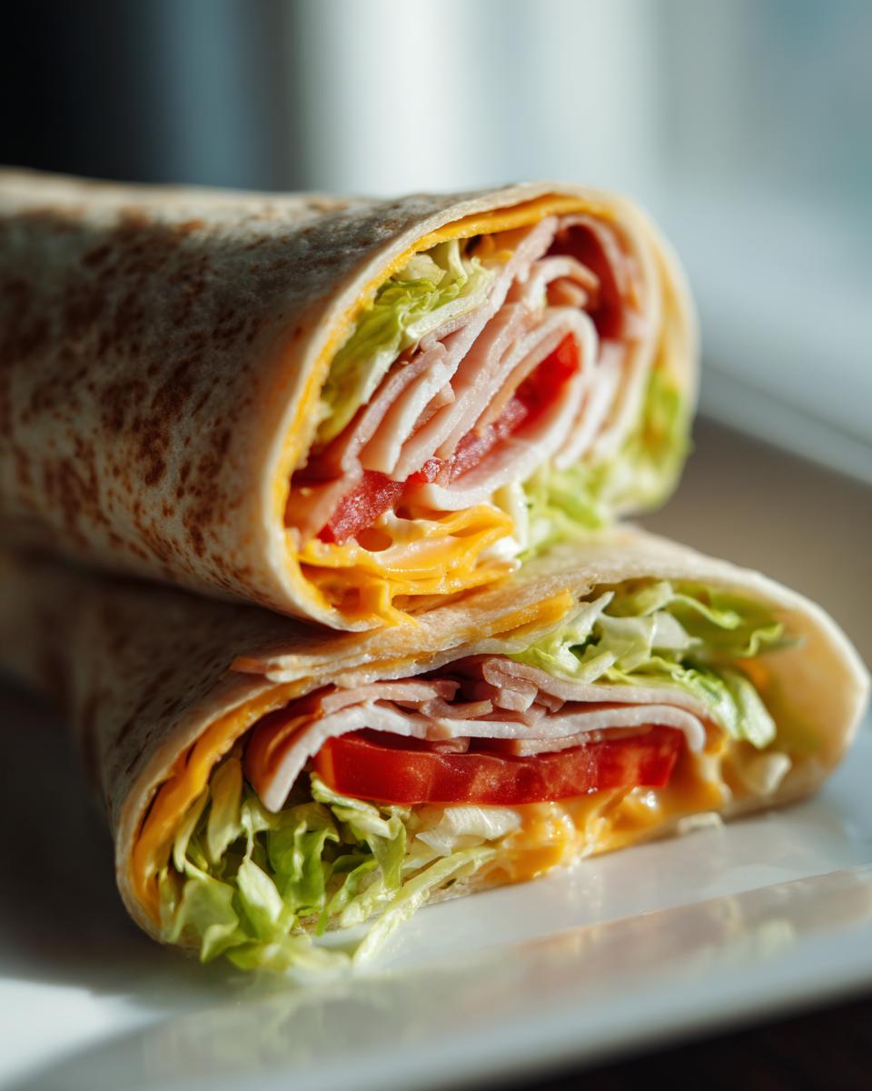 Close-up of a turkey wrap with lettuce, tomato, and cheese on a white plate.