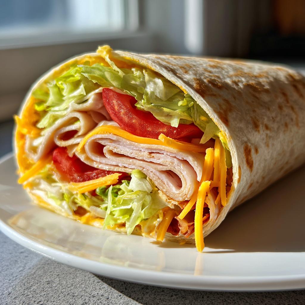 Close-up of a turkey wrap with lettuce, tomato, cheddar cheese, and tortilla