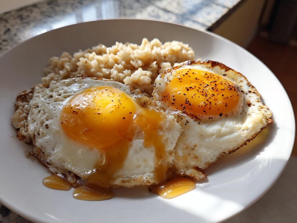 Plate with two fried eggs seasoned with pepper and a serving of oatmeal for ramadan suhoor recipes