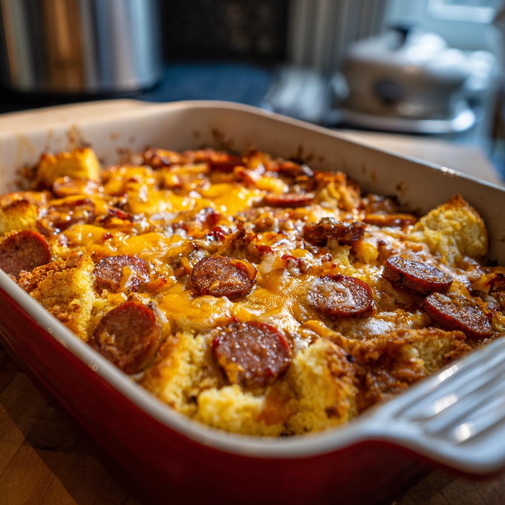 Baked game day chili cheese dog casserole with melted cheese and sausage slices in a red dish.