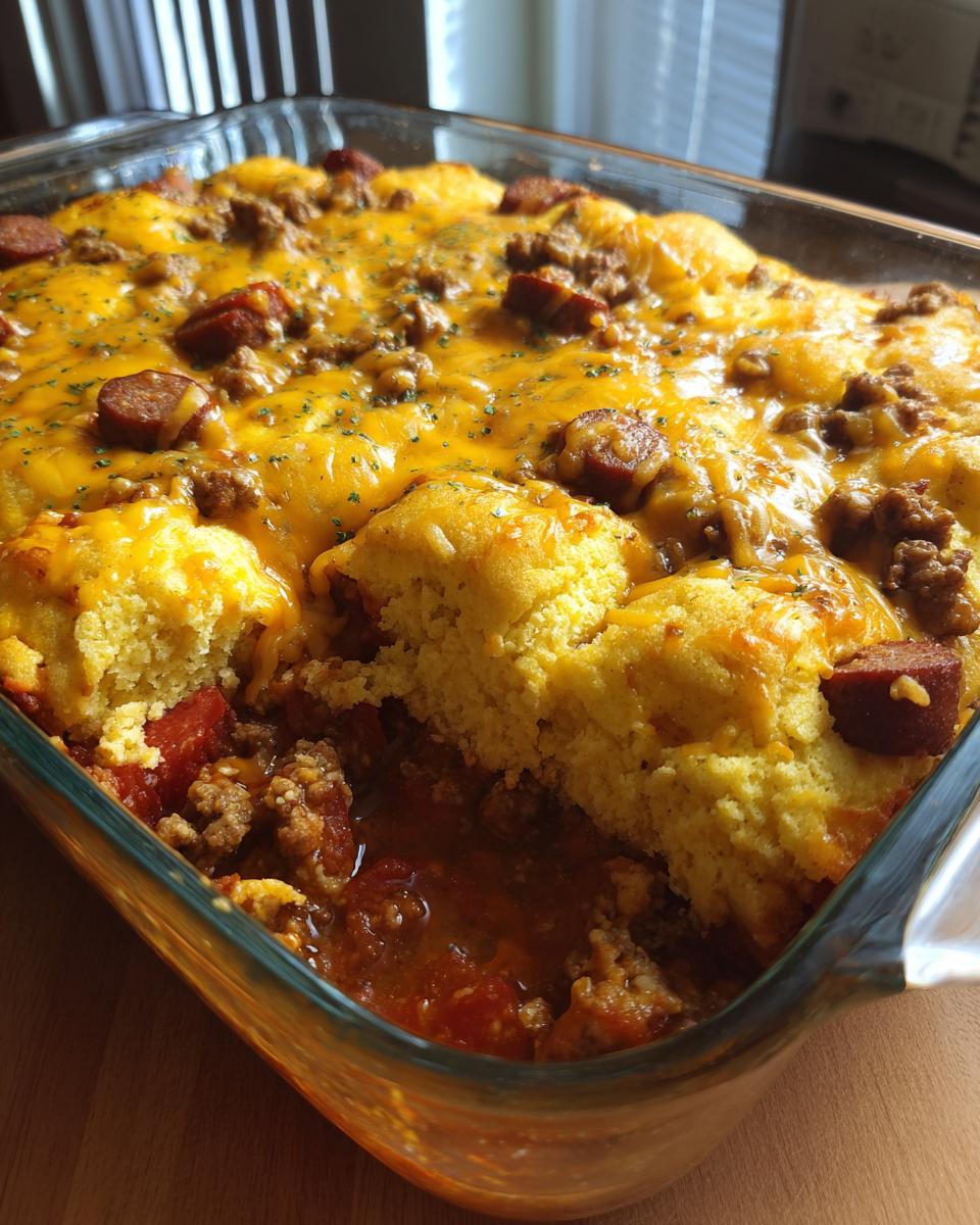 Game day chili cheese dog casserole with melted cheddar and sausage pieces in a glass baking dish