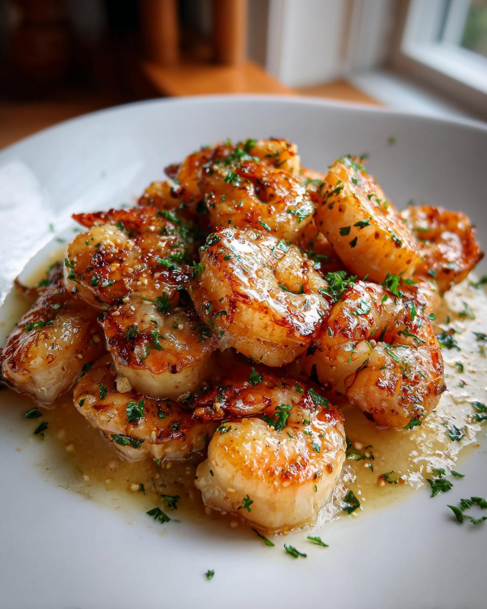 Close-up of garlic butter shrimp garnished with parsley on a white plate for seafood dinner at home for valentines