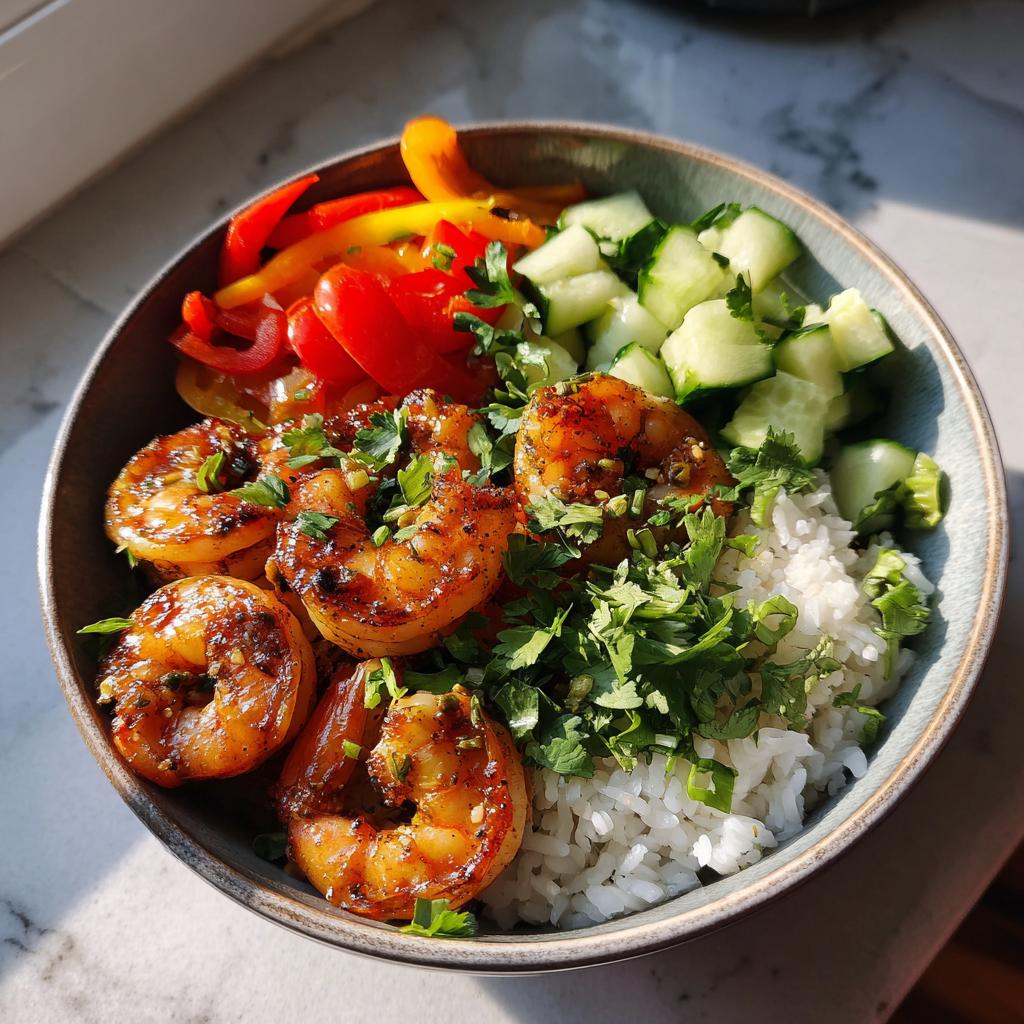 Close-up of garlic lime shrimp and veggie rice bowl with shrimp, rice, cucumbers, and bell peppers