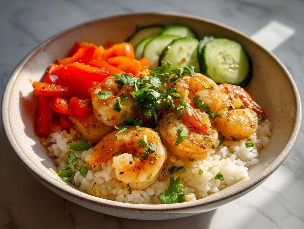 Garlic lime shrimp and veggie rice bowl with cooked shrimp, red bell peppers, cucumber slices, and rice.