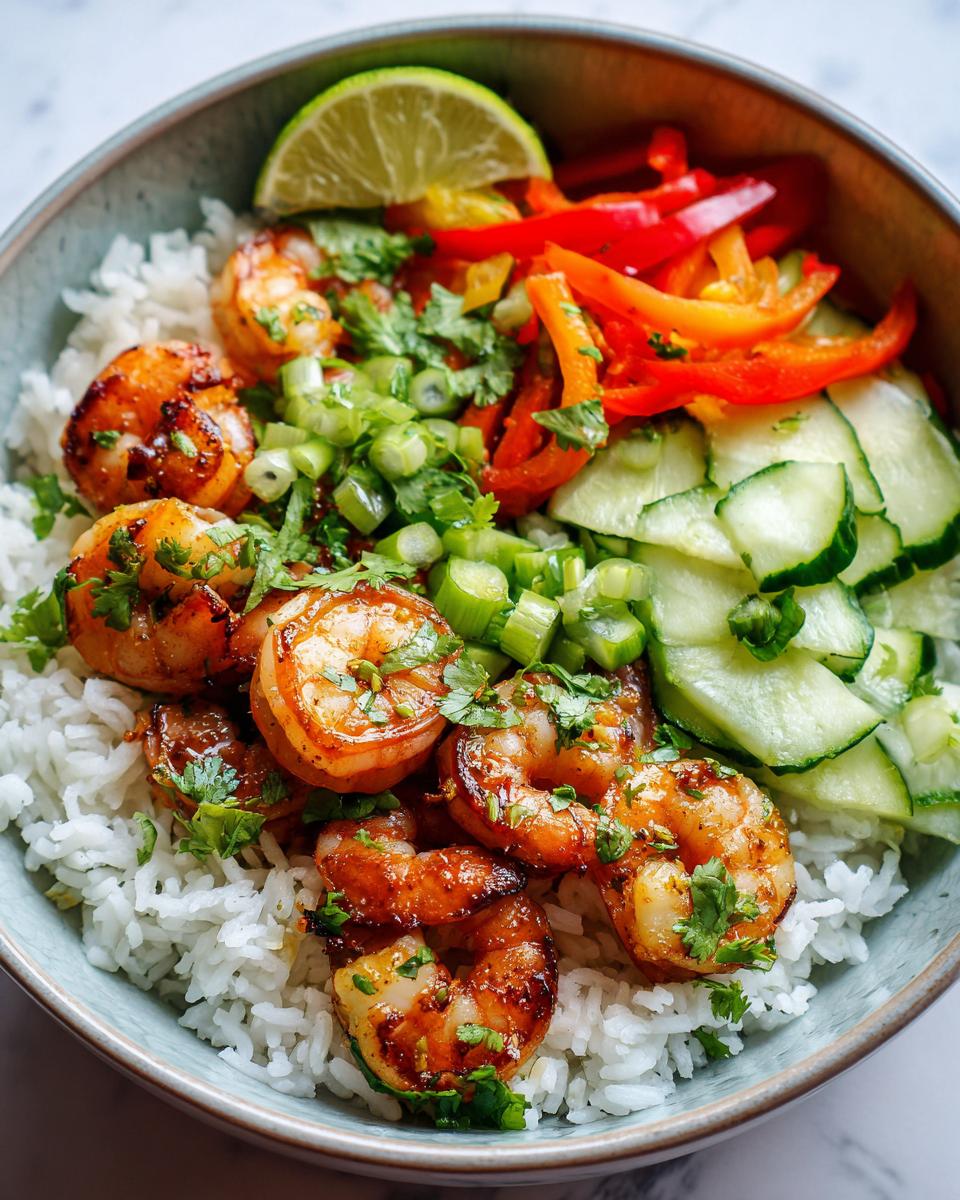 Bowl of garlic lime shrimp and veggie rice bowl with grilled shrimp, white rice, sliced cucumbers, bell peppers, and lime wedge