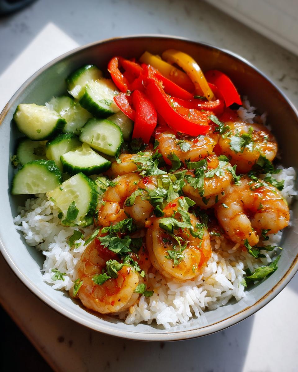Bowl of garlic lime shrimp and veggie rice bowl with white rice, shrimp, cucumbers, and bell peppers