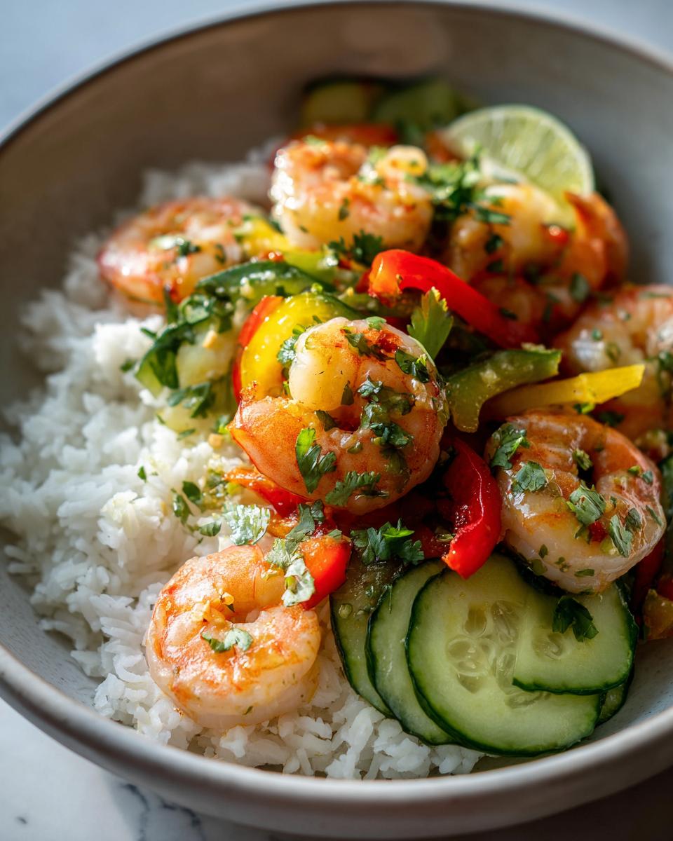 Close-up of garlic lime shrimp and veggie rice bowl with rice, shrimp, bell peppers, cucumber, and herbs