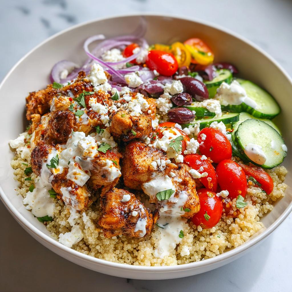 Greek chicken bowl recipes with grilled chicken, quinoa, cherry tomatoes, cucumbers, olives, and feta cheese.