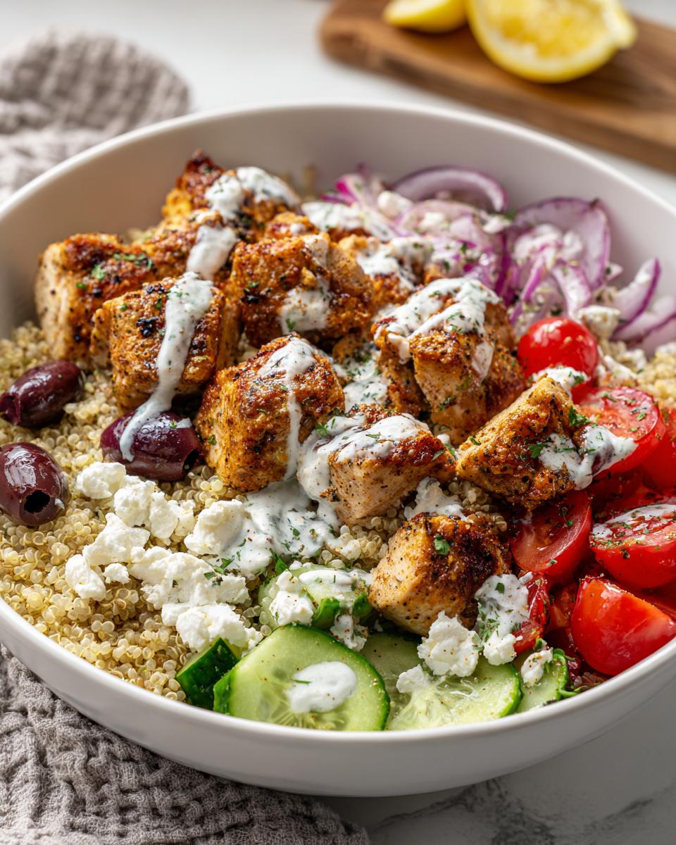 Greek chicken bowl recipes with seasoned grilled chicken, quinoa, cucumbers, tomatoes, olives, and feta cheese