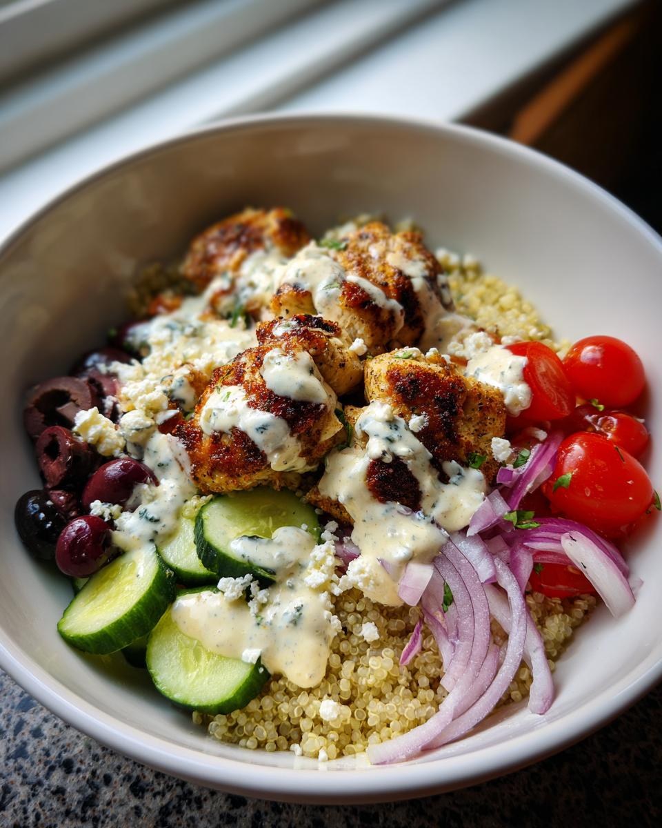 Greek chicken bowl with grilled chicken, quinoa, cucumbers, cherry tomatoes, olives, red onions, and feta cheese.