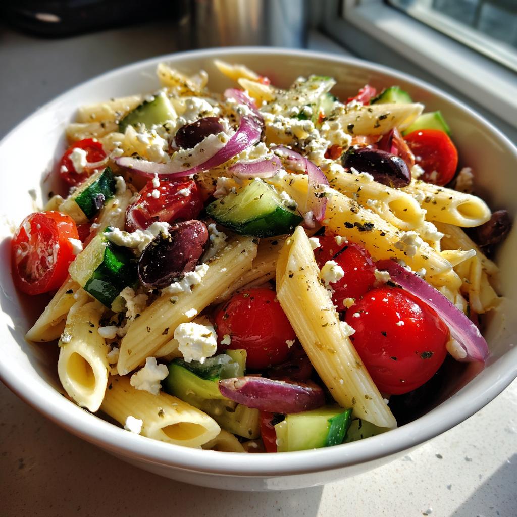 Bowl of greek pasta salad with olives and feta, cherry tomatoes, cucumber, and red onion