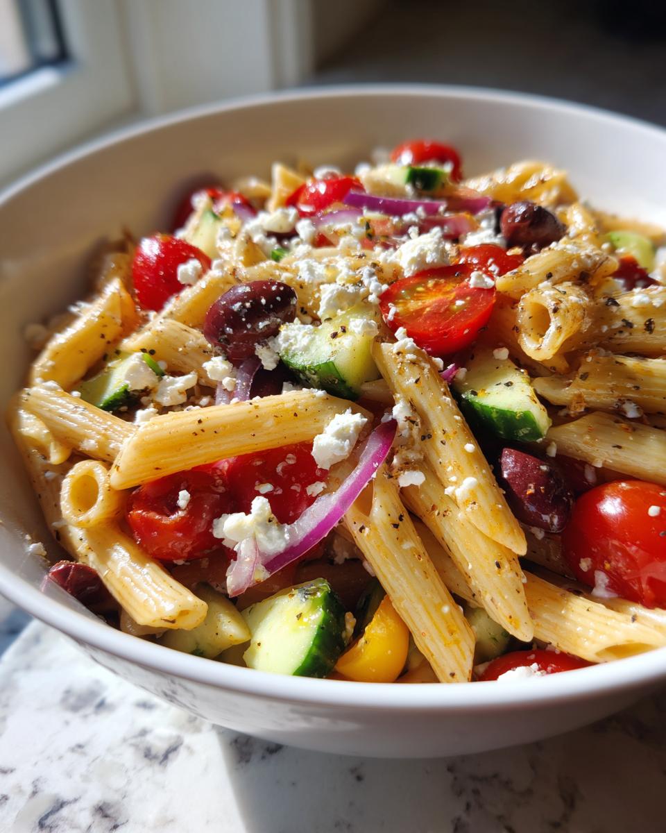 Bowl of greek pasta salad with olives and feta, cherry tomatoes, cucumber, and red onion.