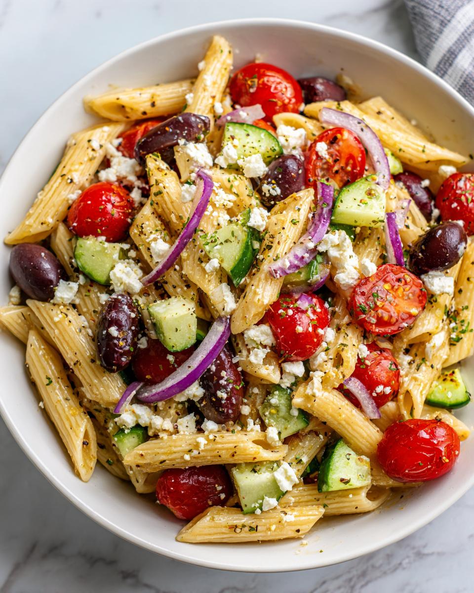 Bowl of greek pasta salad with olives and feta, cherry tomatoes, cucumber, and red onion