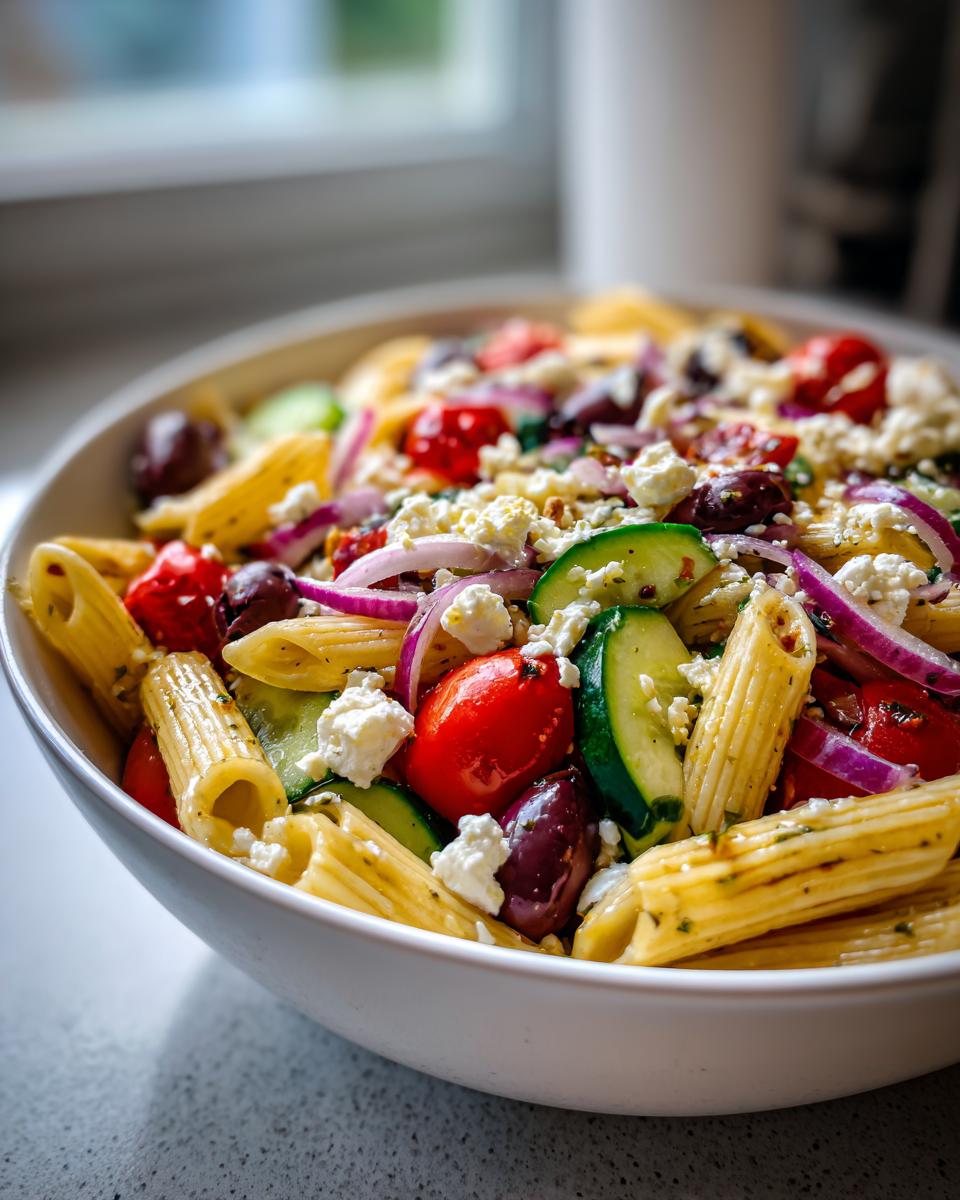 Close-up of Greek pasta salad with olives, feta, cherry tomatoes, cucumber, and red onion in a white bowl.