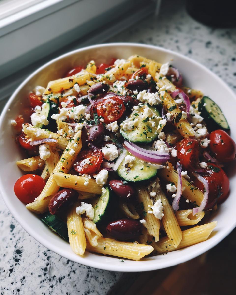 Bowl of greek pasta salad with olives and feta, cherry tomatoes, cucumber, and red onion