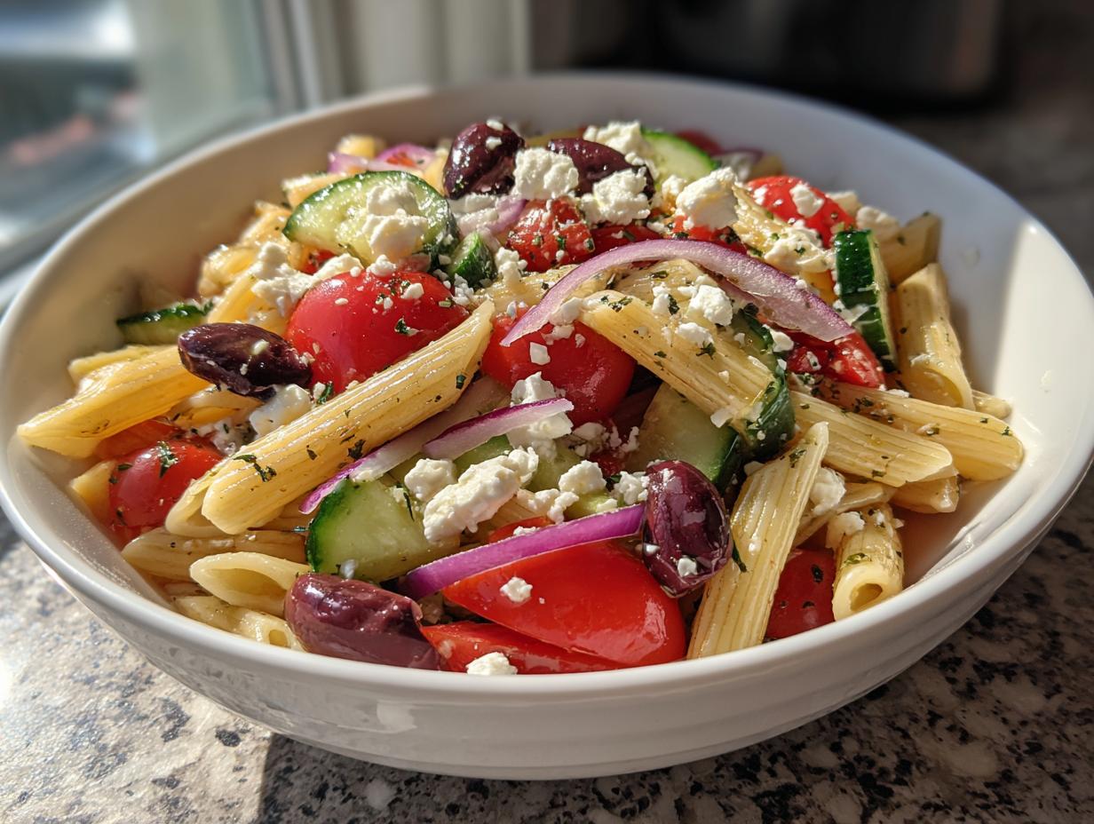 Bowl of greek pasta salad with olives and feta, cherry tomatoes, cucumber, and red onion
