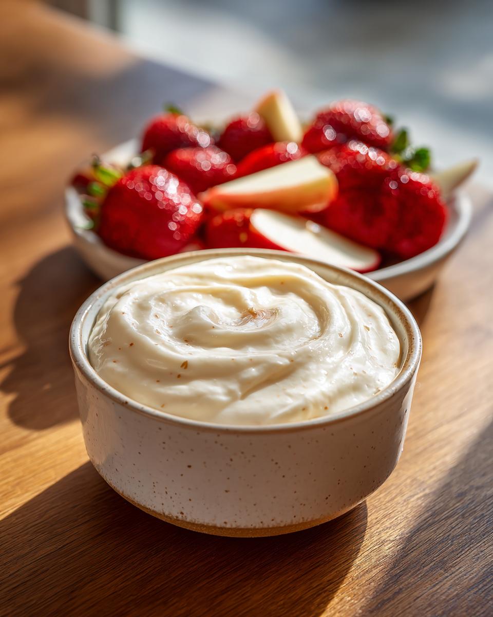 Bowl of creamy greek yogurt fruit dip with honey and vanilla next to fresh strawberries and apple slices