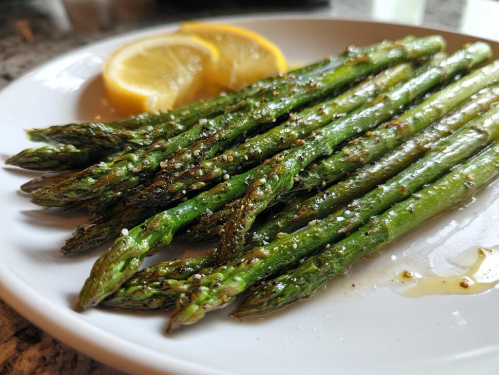 Plate of grilled asparagus seasoned with salt and pepper beside lemon wedges