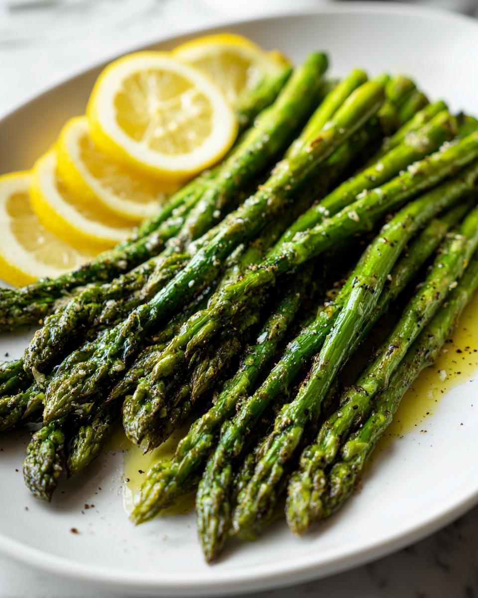 Grilled asparagus seasoned with pepper and salt served with lemon slices on a white plate.